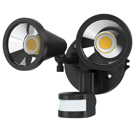 Black outdoor security Adjustable twin head design of Mercator Lumio LED floodlight with dual floodlights on a white background