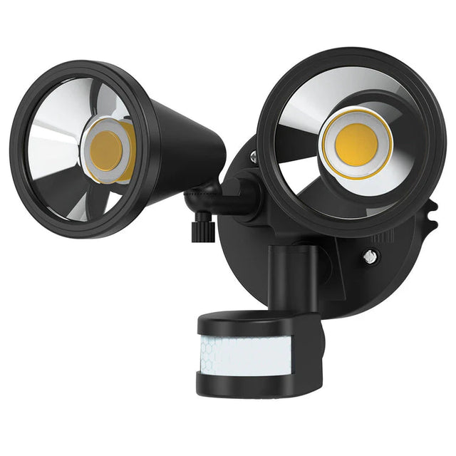 Black outdoor security Adjustable twin head design of Mercator Lumio LED floodlight with dual floodlights on a white background