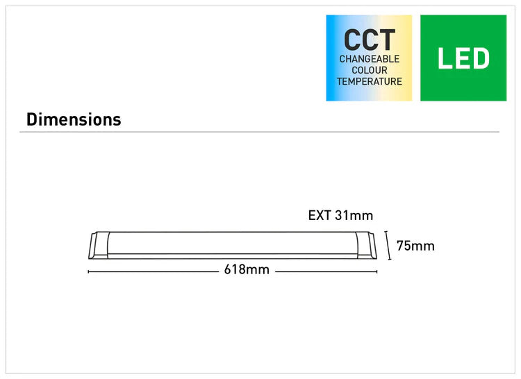 Dimension of a Energy-efficient 28W LED CCT batten light by Mercator