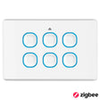 White control panel switch with blue circular buttons on a white background, featuring the Zigbee logo.