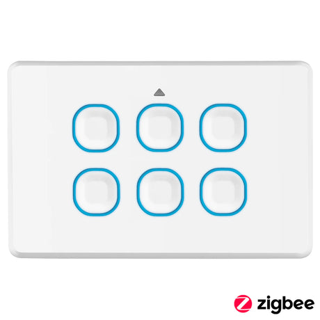 White control panel switch with blue circular buttons on a white background, featuring the Zigbee logo.