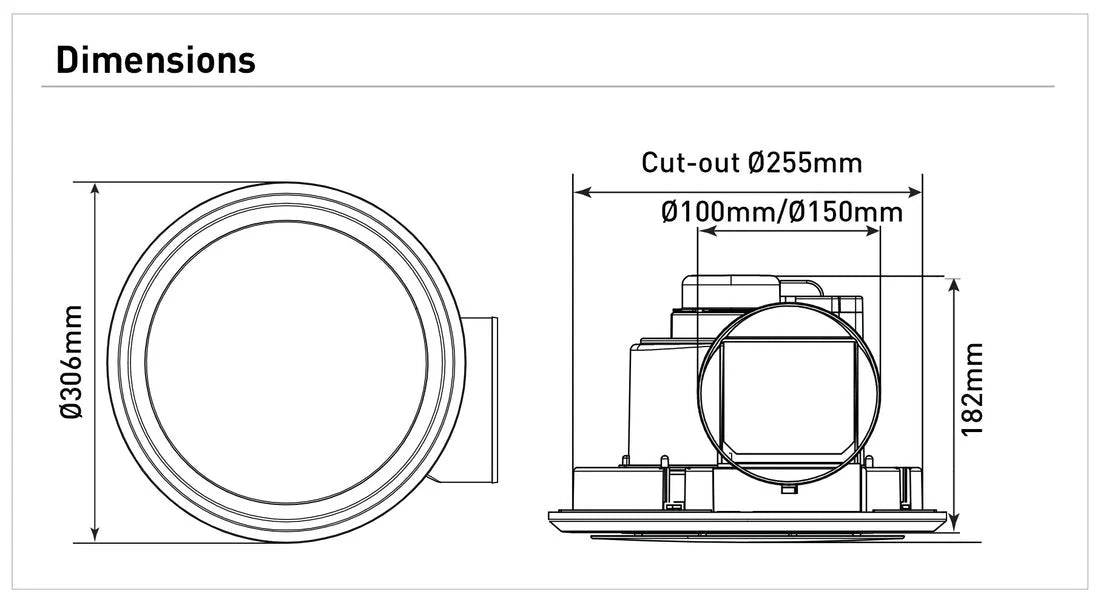 Dimension of a Modern bathroom ventilation fan from Mercator Zealine range
