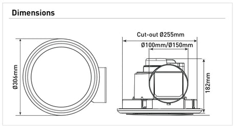 Dimension of a Modern bathroom ventilation fan from Mercator Zealine range