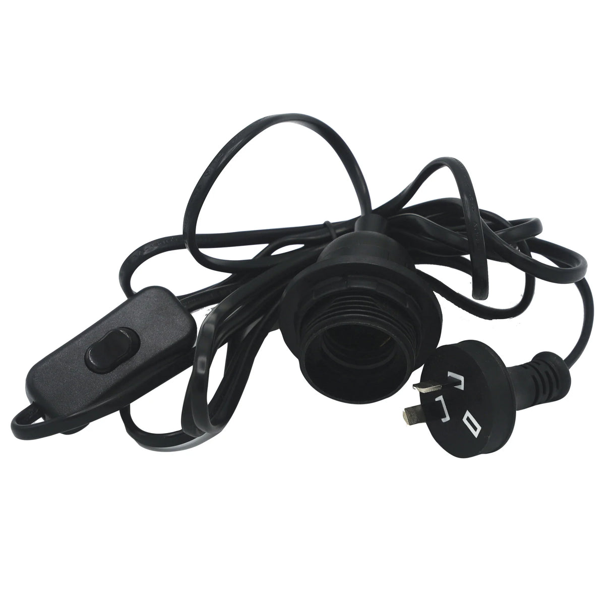 Black electrical cord with plug and switch on a white background