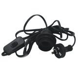 Black electrical cord with plug and switch on a white background