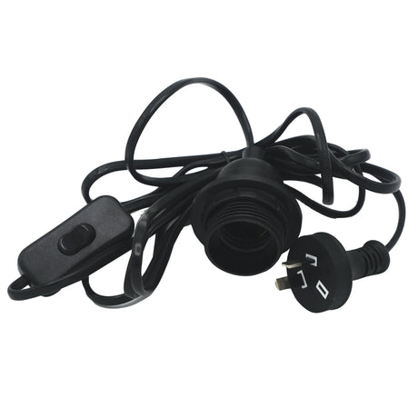 Black electrical cord with plug and switch on a white background