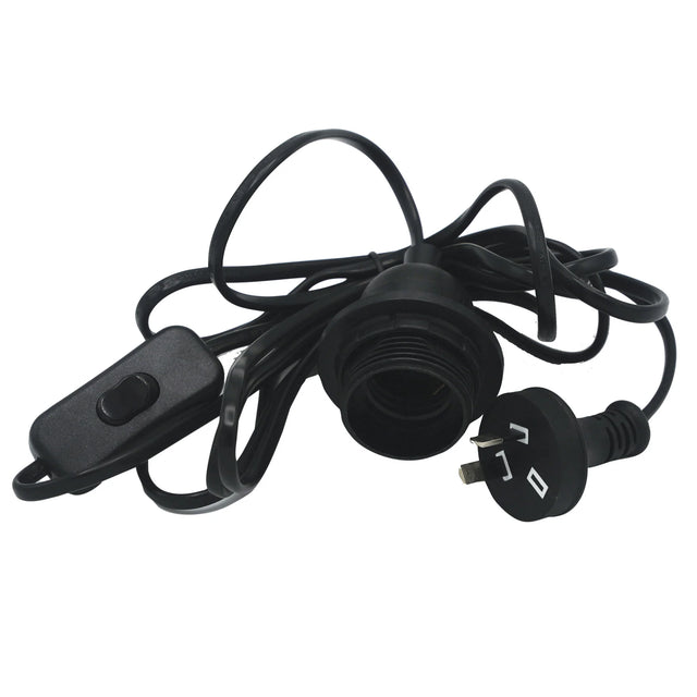 Black electrical cord with plug and switch on a white background