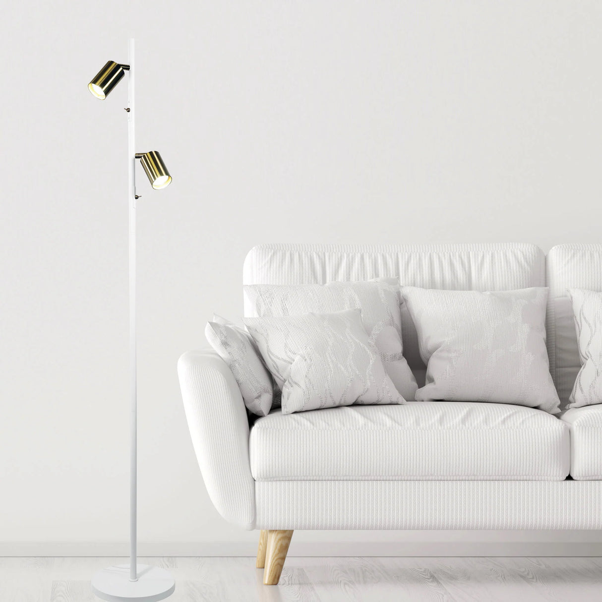 Oriel Ponte Adjustable Twin Floor Lamp White and Satin Brass