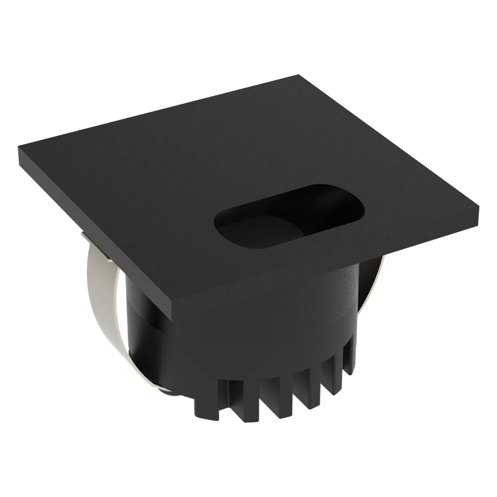 Black Domus Aura 240V LED trio black steplight for indoor step lighting with a central hole on a white background