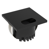Black Domus Aura 240V LED trio black steplight for indoor step lighting with a central hole on a white background