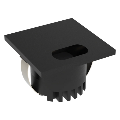 Black Domus Aura 240V LED trio black steplight for indoor step lighting with a central hole on a white background