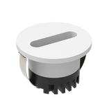 Round light fixture with white top and black base on a white background