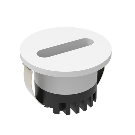 Round light fixture with white top and black base on a white background