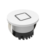 Round light fixture with white top and black base on a white background