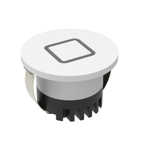 Round light fixture with white top and black base on a white background