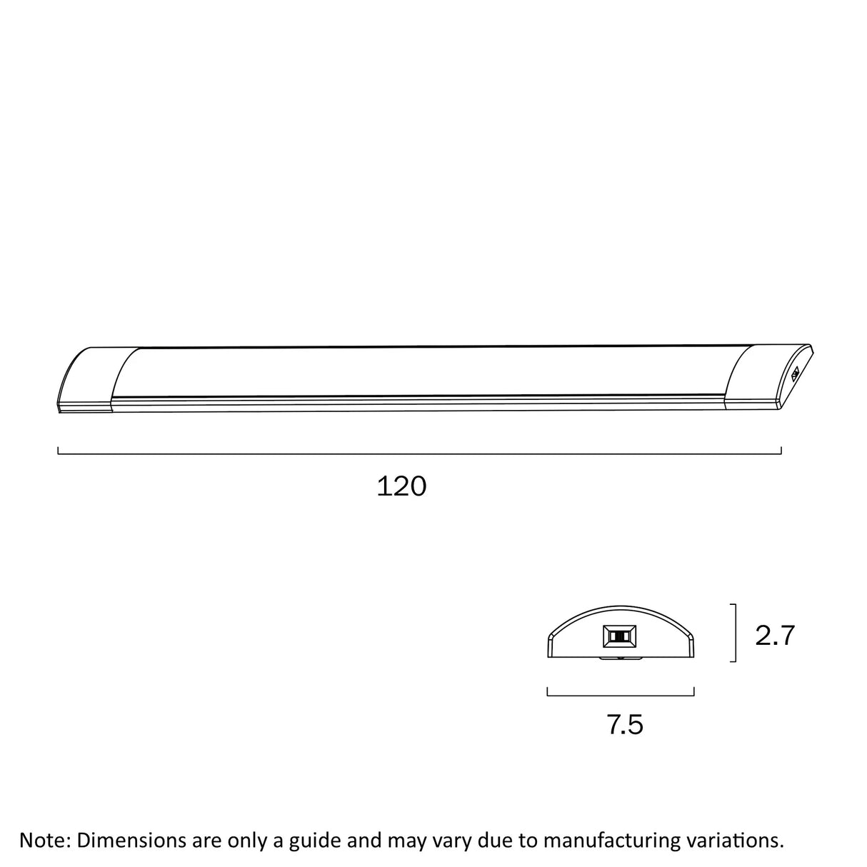 Technical diagram of the Teblix Blade 36 W Batten illustrating the 1200 mm length and 180° beam specifications.