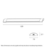 Technical diagram of the Teblix Blade 36 W Batten illustrating the 1200 mm length and 180° beam specifications.