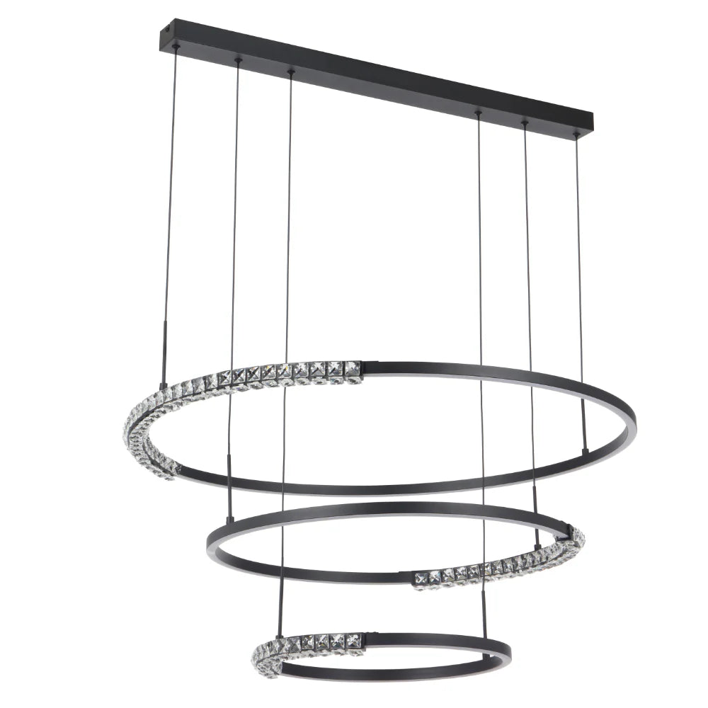 Close-up view highlighting sparkling crystal accents on the Brera 3‑Tier Pendant rings.