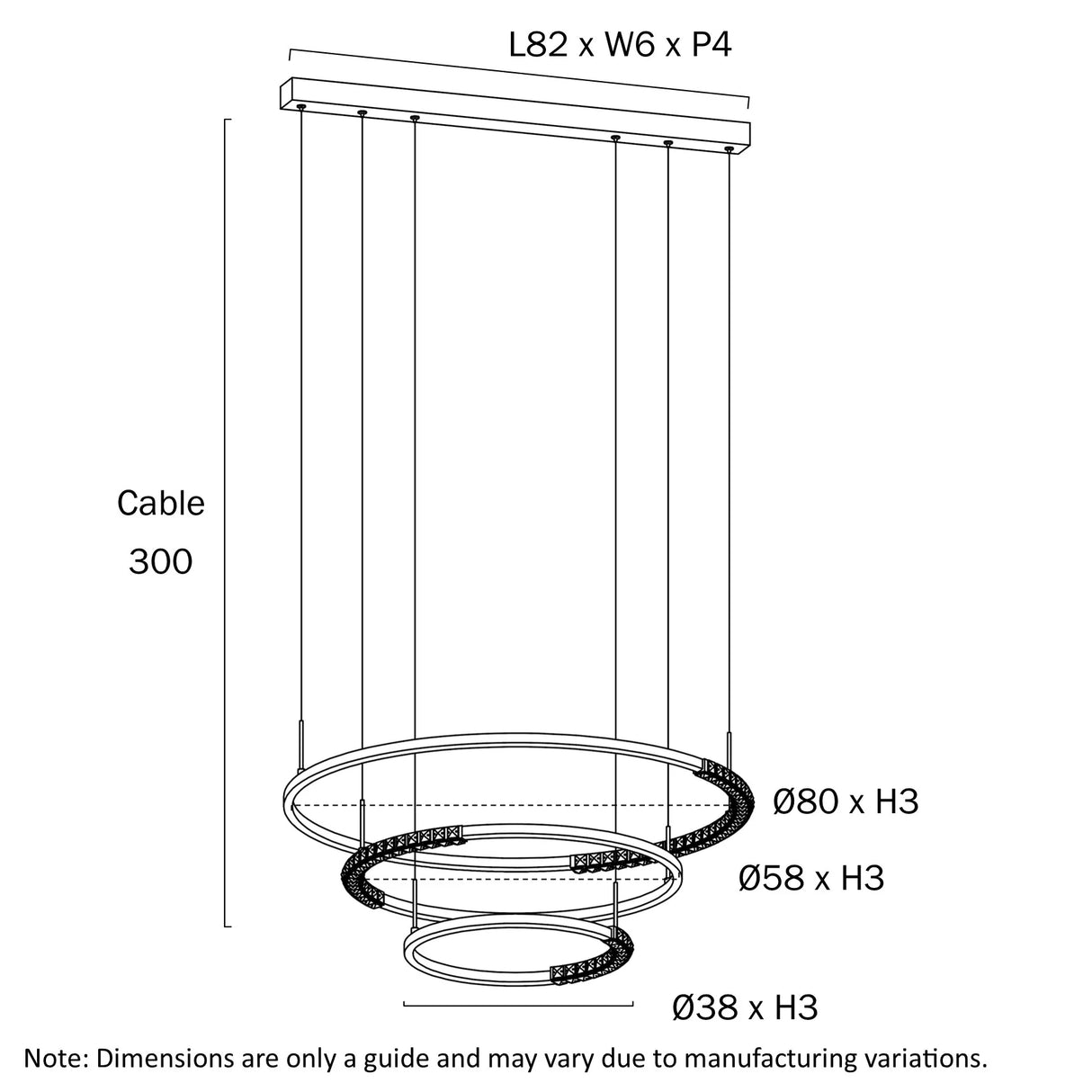 Dimensional diagram of the Brera 3‑Tier Pendant showing pendant diameter, height, and suspension length.