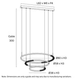 Dimensional diagram of the Brera 3‑Tier Pendant showing pendant diameter, height, and suspension length.