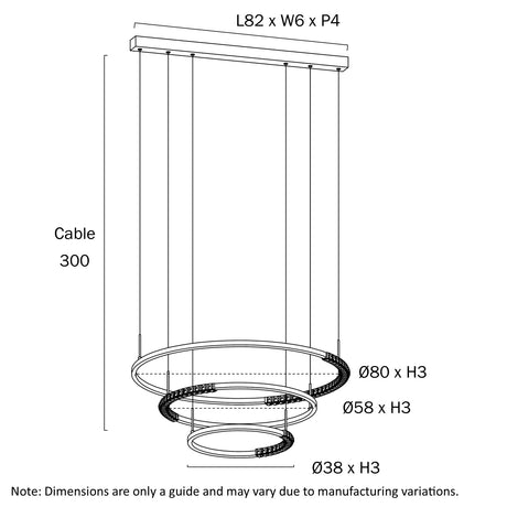 Dimensional diagram of the Brera 3‑Tier Pendant showing pendant diameter, height, and suspension length.
