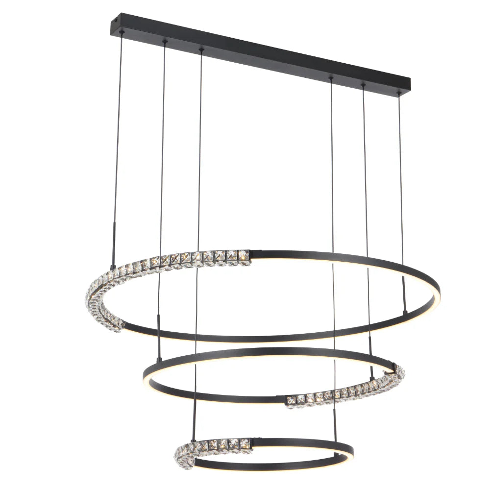 Overall view of the Telbix Brera 3‑Tier Pendant in sleek black with integrated LED rings.