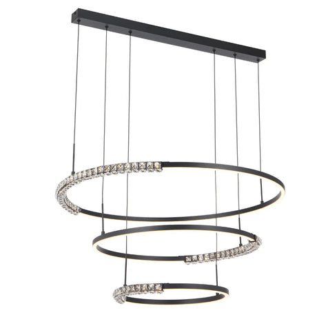Overall view of the Telbix Brera 3‑Tier Pendant in sleek black with integrated LED rings.