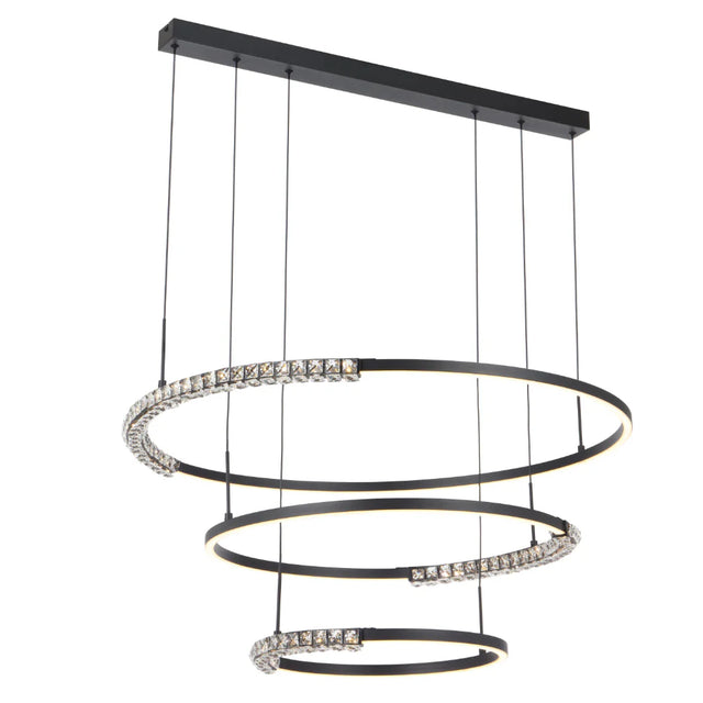 Overall view of the Telbix Brera 3‑Tier Pendant in sleek black with integrated LED rings.