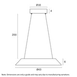 Telbix Hovin 43 Pendant front view  drawing in white and black finish