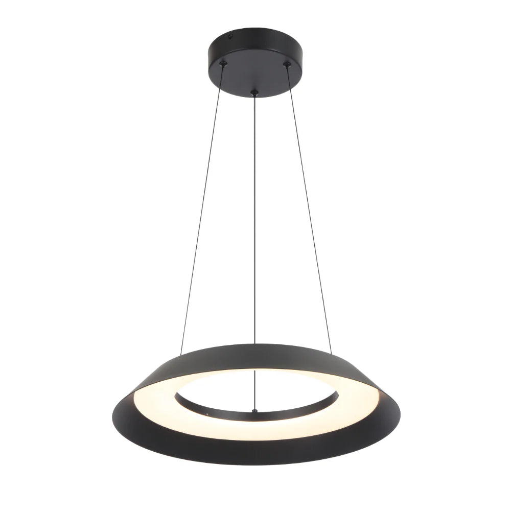 Modern black pendant light with white interior on a white background