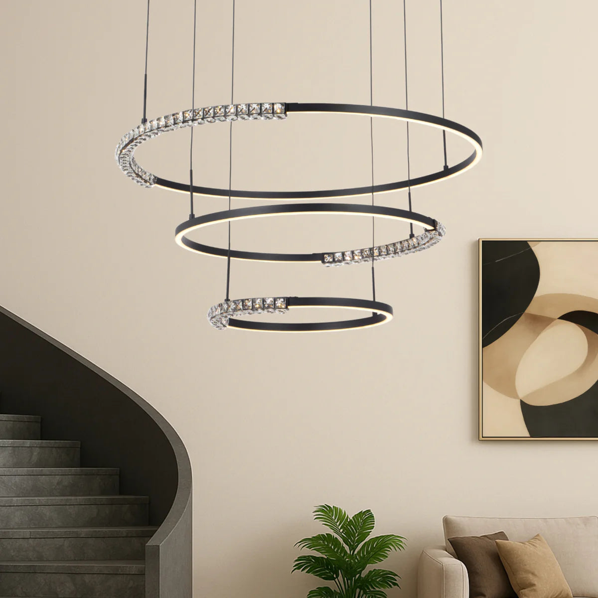 Telbix Lighting Brera 3‑Tier Pendant suspended in ambient light, demonstrating its striking modern silhouette.