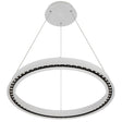 Circular pendant light with a white frame on a white background