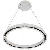 Circular pendant light with a white frame on a white background