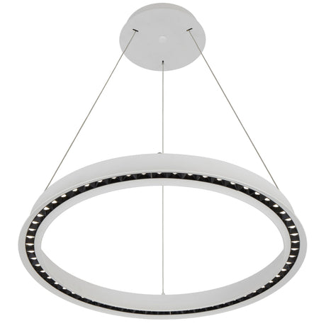 Circular pendant light with a white frame on a white background