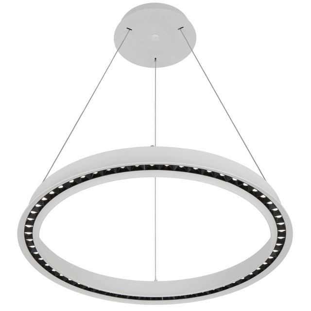 Circular pendant light with a white frame on a white background