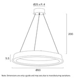 Technical drawing of a pendant light with dimensions