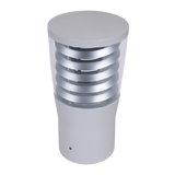 Domus BL-300 bollard head with E27 socket for outdoor lighting with a metallic finish on a white background