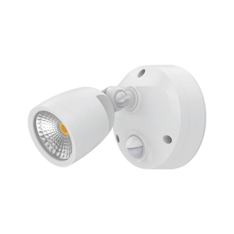 White outdoor Energy-efficient Domus MURO 10W LED sensor spotlight with motion sensor on a white background
