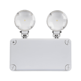 Energy-efficient Domus twin spot emergency LED light 2x2.5W on a rectangular base against a green background