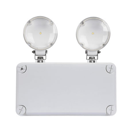 Energy-efficient Domus twin spot emergency LED light 2x2.5W on a rectangular base against a green background