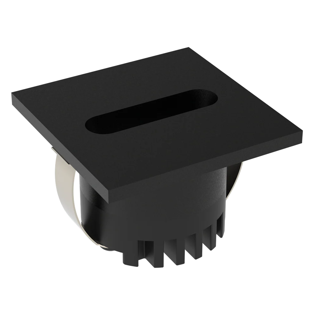 Black square-shaped Domus Aura 240V black LED trio steplight for indoor stair illumination  with a central cutout on a white background