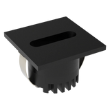 Black square-shaped Domus Aura 240V black LED trio steplight for indoor stair illumination  with a central cutout on a white background