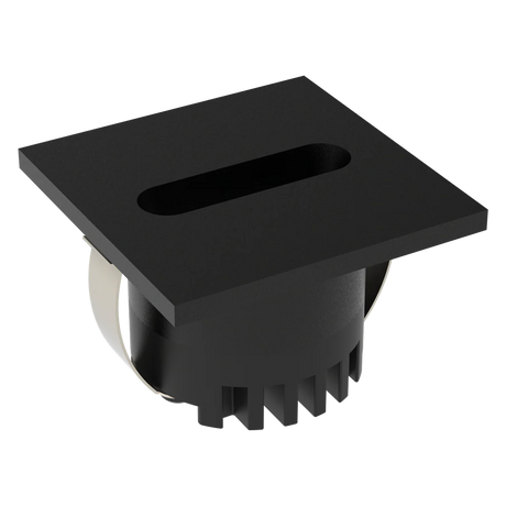Black square-shaped Domus Aura 240V black LED trio steplight for indoor stair illumination  with a central cutout on a white background