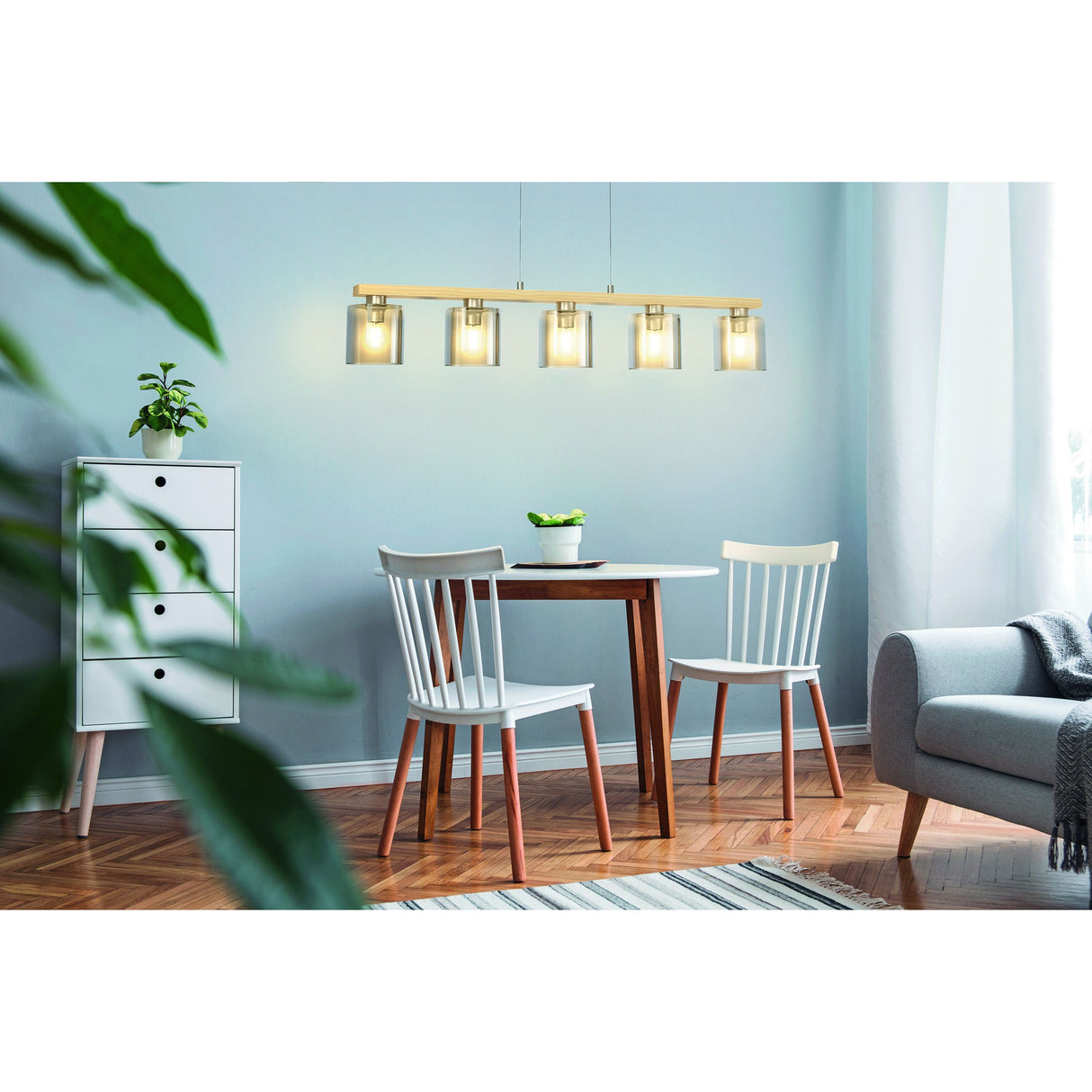 Eglo Lighting CASTRALVO pendant light wooden frame with vaporised amber glasses
