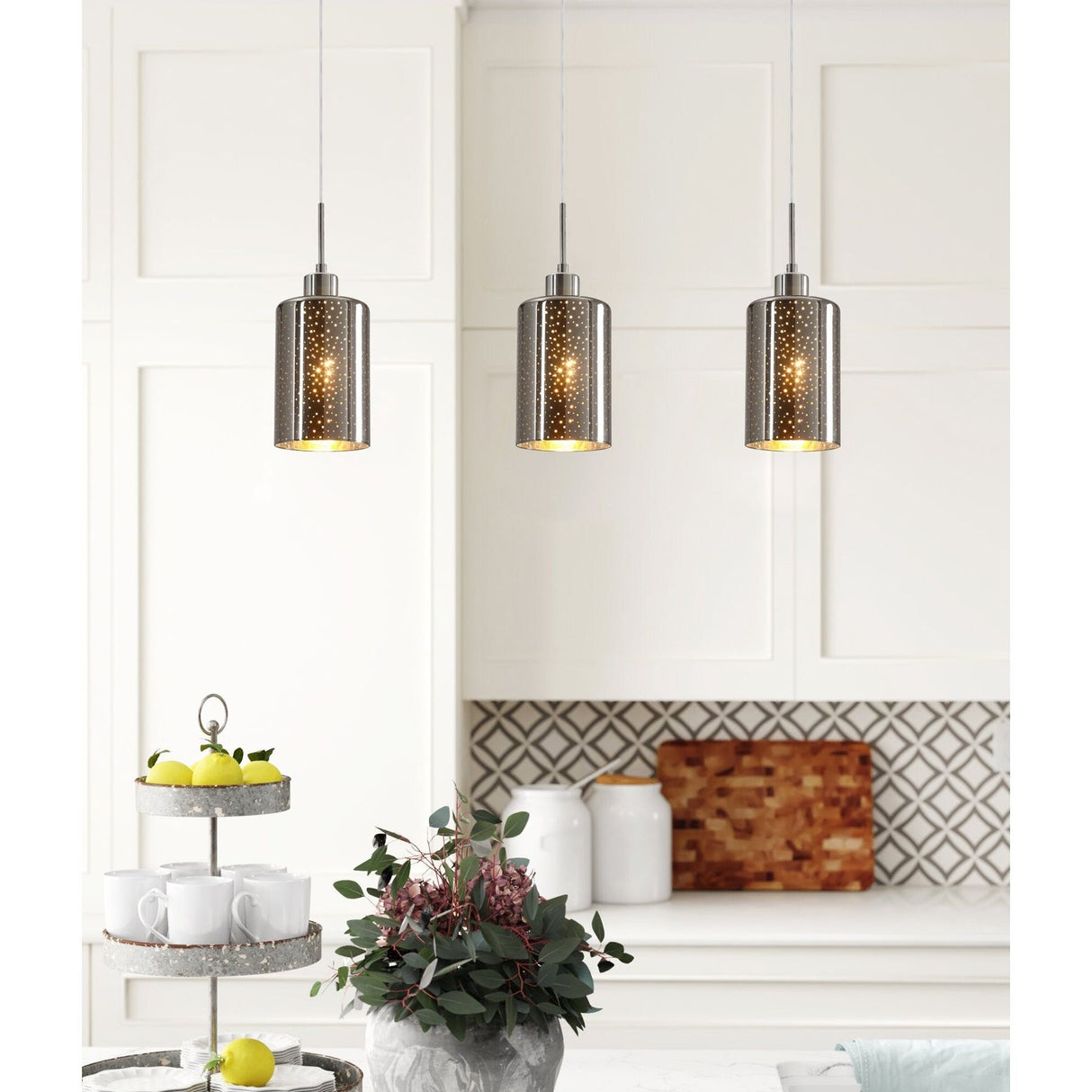 CLA ESPEJO3 Interior Iron & Chrome Glass with Dotted Effect Oblong Pendant Lights