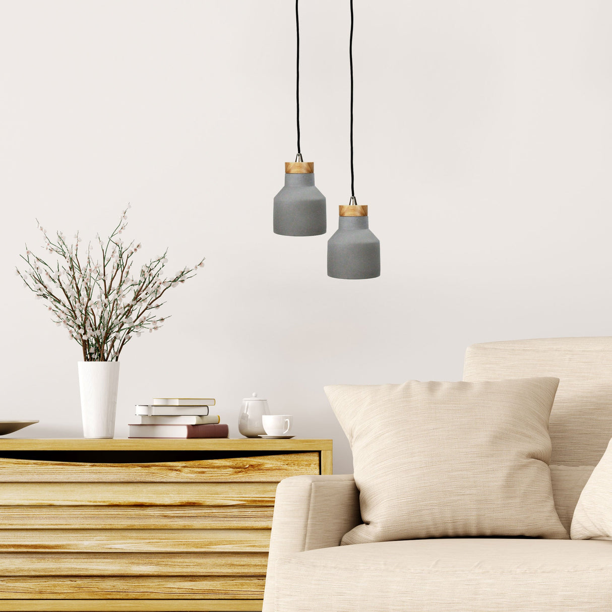 Oriel Lighting CONCRETE PANTO 1 Urban Style Pendant in Concrete and Timber