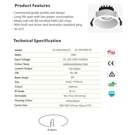 3A Lighting 10W Trimless Downlight (DL9454) Tri-colour