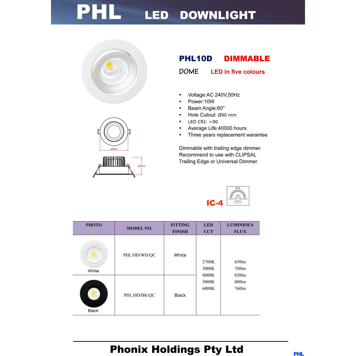 PHL10D Dome Five Colours LED Gimble Downlight